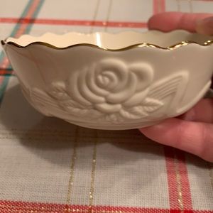 Vintage Lenox 4” bowl with embossed rose and gold trim around the top rim.